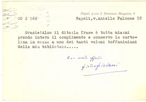 Autografo originale 1966 NAPOLI Cartolina Pietro PIOVANI per ringraziamenti  AUTOGRAFO 1