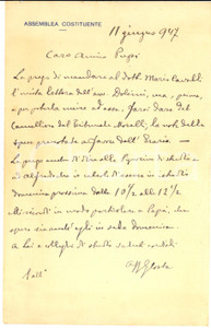 Autografo originale 1947 ROMA Assemblea Costituente  Lettera on. Gastone COSTA  Autografo 1