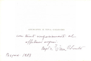 Autografo originale 1983 PADOVA Giuseppe Bepi COLOMBO  Biglietto da visita AUTOGRAFO 1