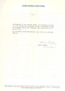 Autografo originale 1980 VICENZA Lettera Neri POZZA per un libro sul CaffÃ¨ Pedrocchi  Autografo 1