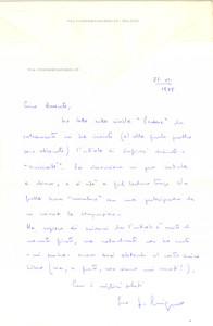 Autografo originale 1975 MILANO Lettera Francesco CINGANO per rivista ricevuta  Autografo 1