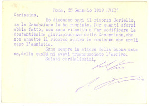 Autografo originale 1939 ROMA Cartolina Giovanni PERSICO per ricorso respinto  Autografo 1