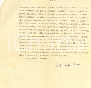 Autografo originale 1947 NAPOLI Edmondo CIONE protesta per la perdita del Premio Torraca  Autografo 1
