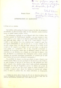 Libro, pubblicazione d epoca 1961 Robert KLEIN Appropriation et aliÃ©nation  Invio autografo 10 pp. 1