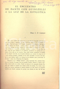 Libro, pubblicazione d epoca 1957 Bruno L. B. CARPINETI El encuentro de Dante con Guinizelli  AUTOGRAFO 1