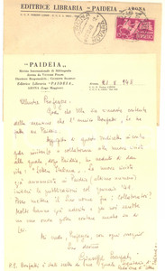 Autografo originale 1948 ARONA  PAIDEIA  Lettera Giuseppe SCARPATI per collaborazione  AUTOGRAFO 1