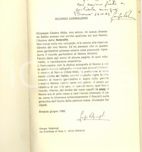 Libro, pubblicazione d epoca 1982 BRESCIA Giorgio VALGIMIGLI Ricordo garibaldino  Invio AUTOGRAFO 1