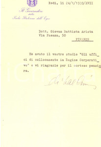 Autografo originale 1939 RODI Lettera Cesare Maria DE VECCHI DI VAL CISMON governatore  AUTOGRAFO 1
