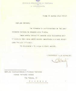 Autografo originale 1940 PARMA Scuola Applicazione Fanteria  Lettera col. A. DE MICHELIS Autografo 1