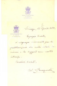 Autografo originale 1940 FIRENZE Legione CARABINIERI REALI Lettera colonnello comandante  Autografo 1