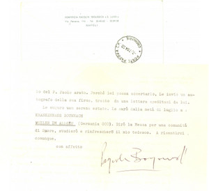 Autografo originale 1964 NAPOLI Padre Pasquale BORGOMEO sul problema dell Umanesimo  AUTOGRAFO 1