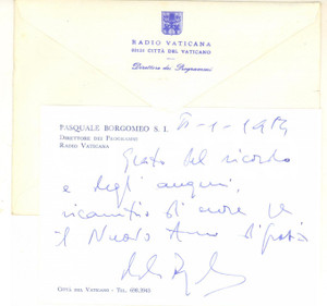 Autografo originale 1984 ROMA RADIO VATICANA Padre Pasquale BORGOMEO direttore  Biglietto AUTOGRAFO 1