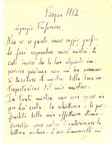 Autografo originale 1951 s.l. Lettera di Vittorio IPPOLITO a un collega docente  AUTOGRAFA 1