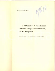 Libro, pubblicazione d epoca 1960 ca Gregorio CIANFLONE Il Discorso di un italiano di G. Leopardi AUTOGRAFO 1