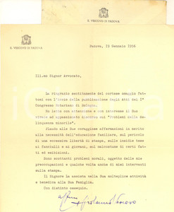 Autografo originale 1956 PADOVA Lettera mons. Girolamo BORTIGNON per libro ricevuto  AUTOGRAFO 1