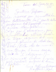 Autografo originale 1966 TORRE DEL GRECO Lettera Raffaele PAPA per invio di un opera  AUTOGRAFO 1