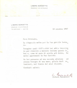 Autografo originale 1967 PADOVA Lettera Libero MARZETTO per invio di un libro  AUTOGRAFO 1
