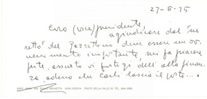 Autografo originale 1975 PADOVA Biglietto ing. Giulio BRUNETTA per congratulazioni  AUTOGRAFO 1