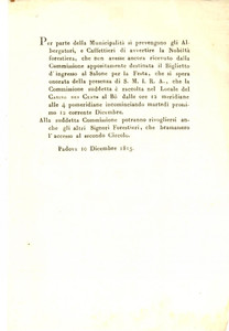 Documento originale, autentico 1815 PADOVA Palazzo del Bo  Casino dei Cento  Invito nobiltÃ  forestiera 1