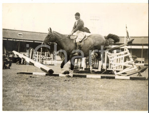 1957 LONDON Chelsea Stakes - Major H. C. SELBY on HEIKO leaving a fence in ruins
