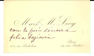 1890 ca PARIS Mark M. LEVY - Biglietto da visita con messaggio autografo