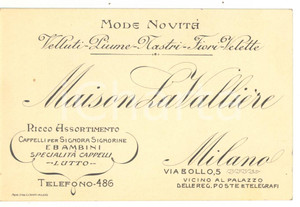 1910 ca MILANO Maison LA VALLIERE Cappelli per signora *Cartoncino PUBBLICITARIO