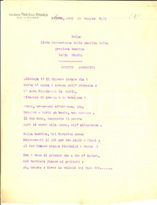 1929 MILANO Fratelli BRANCA - Sonetto acrostico per la nascita di Maria BRANCA Sonetto dattiloscritto, su carta intestata, redatto con ogni probabilit&agrave; all'interno della famiglia Branca.CONDIZIONI: FAIR (piegature d'epoca)      originale e autentica 1