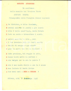 1927 MILANO Fratelli BRANCA - Sonetto acrostico per nascita di Stefano BRANCA 