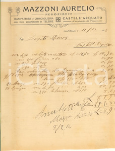 Documento originale, autentico 1913 CASTELL ARQUATO PC Aurelio MAZZONI Manifatture e chincaglieria Fattura 1