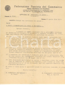 Documento originale, autentico 1934 PIACENZA Norme su esposizione prezzi per oggetti d arte e profumi 1