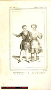 Stampa, bozzetto originale 1852 REGNE LOUIS XVIII Costumi francesi Henri et Louise Marie DE BOURBON Gravure 1