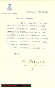 Autografo originale 1940 GENOVA Achille PELLIZZARI chiede a LAZZERI restituzione libro AUTOGRAFO 1