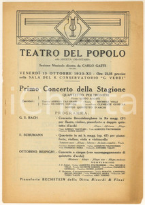 Materiale pubblicitario d’epoca 1933 MILANO Primo concerto stagione Quartetto POLTRONIERI Teatro del Popolo 1