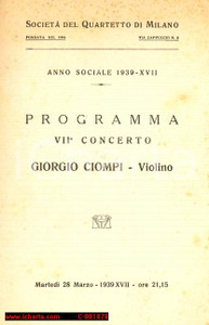 Materiale pubblicitario d’epoca 1939 SOCIETA DEL QUARTETTO DI MILANO Giorgio Ciompi  Programma concerto 1