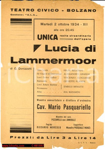 Materiale pubblicitario d’epoca 1934 TEATRO CIVICO BOLZANO 'Lucia di Lammermoor' con Mario PASQUARIELLO 1