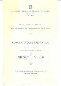 Materiale pubblicitario d’epoca 1941 MILANO Conservatorio VERDI Concerto per quarantennio morte Giuseppe VERDI 1