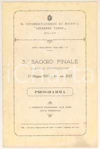 Documento originale, autentico 1933 MILANO Conservatorio Giuseppe VERDI Programma del terzo saggio finale 1