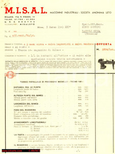 Documento originale, autentico 1943 MILANO Ditta MISAL Offerta per tornio parallelo modello TICINO 150 1