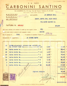 Documento originale, autentico 1943 MILANO via Ansperto  Ditta Santino CARBONINI  Fattura punte elicoidali 1