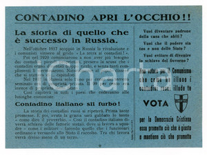 Oggetto da collezione cartaceo ELEZIONI 1948 - PROPAGANDA DC - Contadino apri l'occhio !! *Volantino blu 1