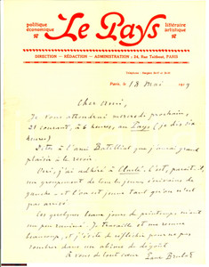 Autografo originale 1919 PARIS - LE PAYS - Paul BRULAT aderisce a CLARTE' Autografo 1