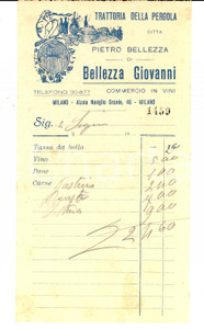 Documento originale, autentico 1930 ca MILANO Naviglio Grande TRATTORIA DELLA PERGOLA Ditta Pietro BELLEZZA 1