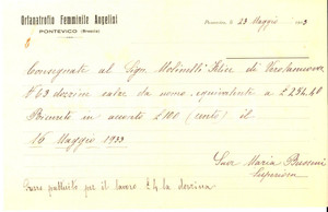 Documento originale, autentico 1933 PONTEVICO BS Orfanotrofio Femminile ANGELINI consegna calze da uomo 1