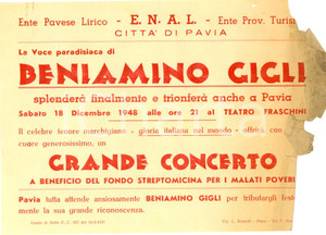 Oggetto da collezione cartaceo 1948 PAVIA Concerto Beniamino GIGLI pro malati poveri Volantino DANNEGGIATO 1