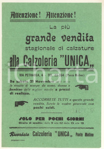 Materiale pubblicitario d’epoca 1930 ca PADOVA PONTE MOLINO Volantino Calzoleria UNICA  Grande vendita 1