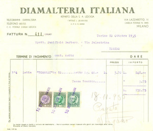 Documento originale, autentico 1935 MILANO Via Lazzaretto 11 Latteria Diamalteria Italiana LEDOGA Fattura 1