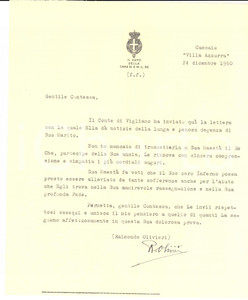 Autografo originale 1960 CASCAIS Raimondo OLIVIERI dalla corte UMBERTO II su malattia conoscente 1
