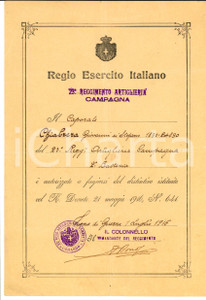 Documento originale, autentico 1916 WW1 Giovanni CHIABRERA 23° Artiglieria Campagna Medaglia fatiche di guerra 1