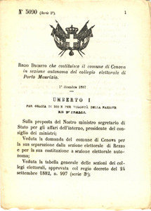 Documento originale, autentico 1887 REZZO IM Costituzione di CENOVA in sezione elettorale autonoma DECRETO 1