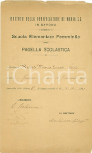 Oggetto da collezione cartaceo 1924 SAVONA ISTITUTO PURIFICAZIONE MARIA SANTISSIMA Pagella 1
